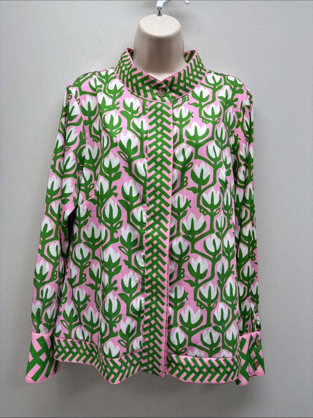 CK Bradley Kelston Button Up Blouse Top Pink Green Geometric Tulip Print SZ L